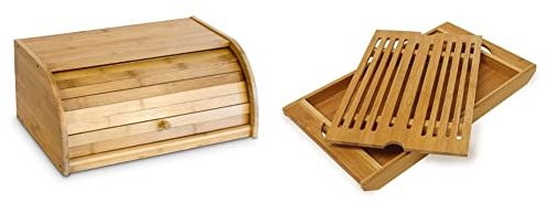 Relaxdays Brotkasten Bambus HBT: 16,5 x 40 x 27,5 cm Rollbrotkasten & Brotschneidebrett aus Bambus H x B x T: ca. 3 x 37 x 21,5 cm Schneidebrett mit Krümelfach zur leichten Reinigung Brotbrett, natur