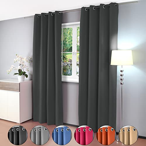 Gräfenstayn 2er-Set Alana - blickdichte einfarbige Thermogardine Verdunklungsgardine mit Ösen - Doppelpack - 135 x 245 cm - mit Öko-Tex Siegel - Gardine Vorhang (Anthrazit)