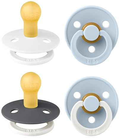 BIBS Colour Glow Dummy, 0-6 Months, 4-Pack, Round Teat, White Glow Mix | Natural Rubber Latex | Size 1 | BPA-Free | Made in Denmark | Glow Handle | High Teat Acceptance | Airflow Holes