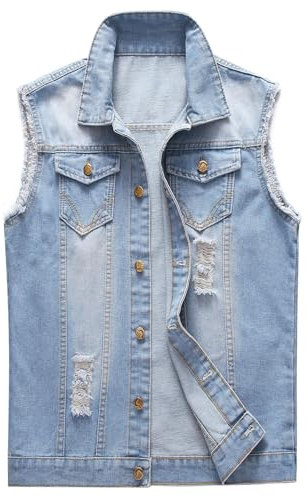 KUDORO Herren Denim Weste Zerrissen Jeansweste Ärmellose Biker Casual Freizeitweste(S,Hellblau)