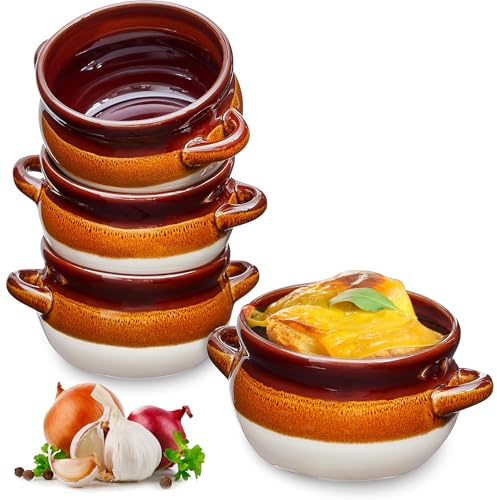 Sheffield Home French Onion Soup Crocks Set of 4 - 18oz Stoneware Soup Bowls with Handles - Stoneware Pot Crocks for Chili, Stew, and More - Oven, Microwave & Dishwasher Safe