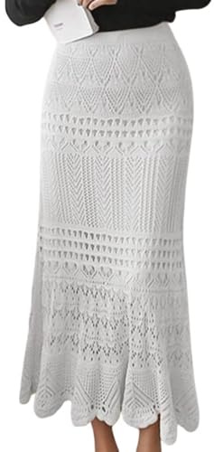 Leyoutx Women's Crochet Knitted Stretchy High Waist Hollow Out Lined Lace Maxi Skirt (Medium, White)