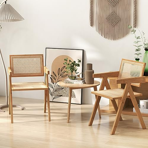 COSTWAY Juego de 2/4 Sillas de Comedor, Silla de Salón Moderna (2 Piezas) | con Marco de Bambú, Respaldo y Apoyabrazos de Imitación Caña, Sillones de Ratán para Cocina, Comedor, Natural