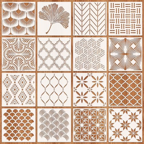 OOTSR 16 Piezas Plantillas para Pintar Reutilizable, Stencil Plantillas Geométricas Manualidades, para Paredes Lienzo Madera Muebles, Niños DIY Pintar, 20x20 cm