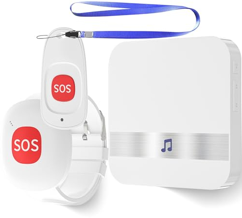 Wilktop Notrufknopf für Senioren, Notruf Kabellos Notfallknopf, mit 4 Lautstärkestufen, 60 Klingeltöne SOS Alarm Notruf Knopf Wasserdicht Pflegeruf Set 2 Sender 1 Empfänger
