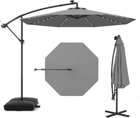GOPLUS Sombrilla Terraza Exterior 3x3 m con 40 Luces LED Solares, Parasol Excentrico Inclinable con Pie y Base, Altura ajustable, Resistente al Viento y GuardaSol(con Base y LED, Gris, 3 M)