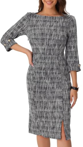 Allegra K Tweed Dress for Women's Elegant Boat Neck 3/4 Sleeve Work Dress Black L