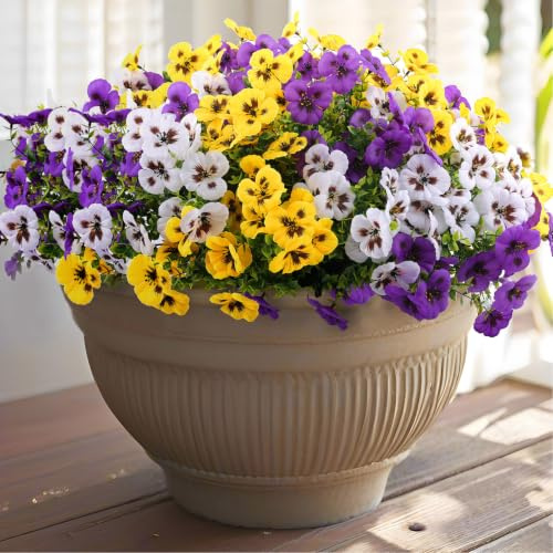 Rowfad 36 Pcs Artificial Fake Pansy Flowers for Outdoor, Faux Silk Pansies Spring Flowers for Outside for Planter Front Door Porch Yard Patio Window Box Home Decor (36, Purple, Yellow, White)
