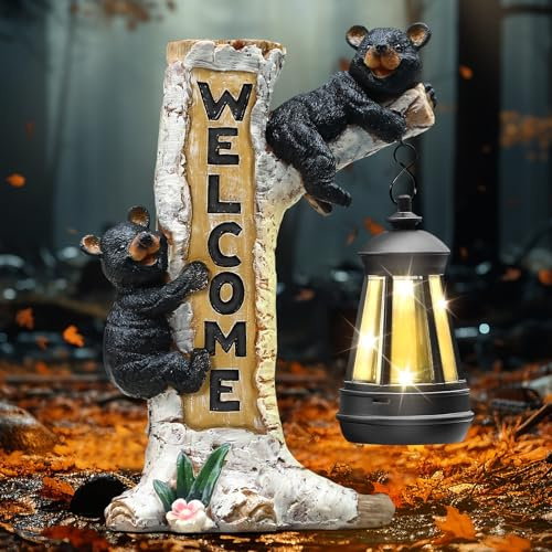 Json Garden Bear Statue with Solar LED Lantern, Gifts for Mom Yard Art, Whimsical Figurine Large Sculpture Lighted Outdoor Mother's Day Spring Decorations for Lawn, Porch