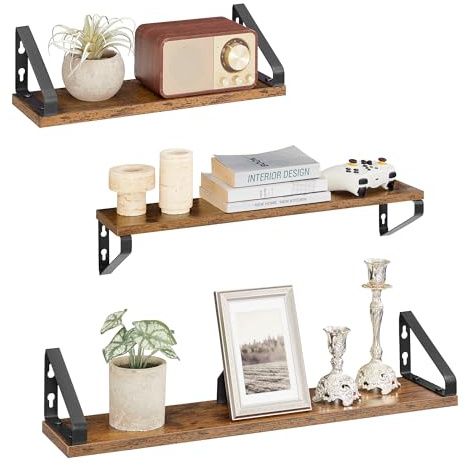 VASAGLE Étagère Murale, Tablette Flottante, Lot de 3, 2 Façons de Montage, Étagère de Rangement Suspendue, pour Salon, Cuisine, Bureau, Salle de Bain, Marron Rustique et Noir Mat LWS043K01