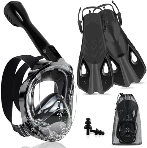 Joellfuner Set da Snorkeling per Adulti, Maschera Subacquea Integrale, 180° Visuale Panoramica, Anti-Appannamento e Anti-perdite, Pinne Regolabili, Adatto alle Immersioni e al Nuoto (Nero, L/XL)