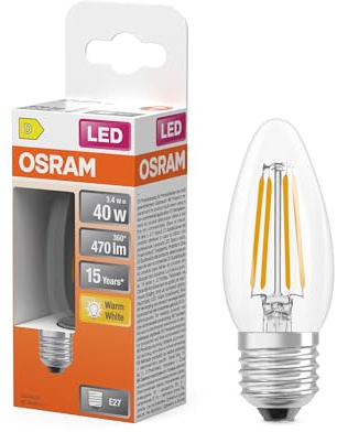 OSRAM Lampe LED forme étoile bougie B40 filament, 2700 K blanc chaud, 3,4 W, E27, transparente, 470 lm, 15 000 h, pour lustres, luminaires décoratifs
