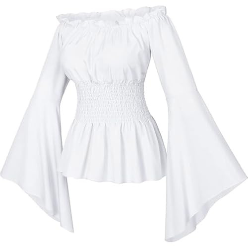 Générique Chemisier gothique de la Renaissance pour femmes à manches évasées avec volants et épaules dénudées – Haut corset médiéval victorien pour costumade – Chemise de pirate, blanc