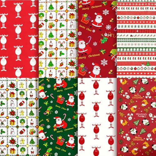 Aucuu 8 Piezas 50x40cm Diseño de Retales Algodón Telas, Tela Algodon, Telas Patchwork, Diseños Tela de Algodón Impresos, para DIY Manualidades Decoración de Costura Artesanal-Navidad