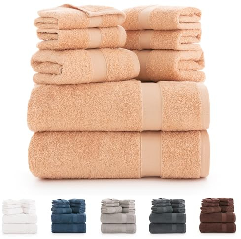 Todocama Lot de 8 Serviettes de Bain 100% Coton (550 g/m²) Extra Douces, Haute Absorption et séchage Rapide, 2 Serviettes de Bain, 2 Mains et 4 Serviettes de Visage (Beige)