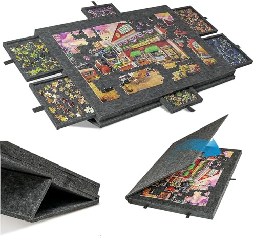 Tavolo per Puzzle Inclinabile con 6 Cassetti e Copertura - Tavola Leggera in Feltro per Fino a 1000 Pezzi - Con Supporto 2-in-1 e Maniglia da Trasporto - Ideale per Adulti e Appassionati di Puzzle