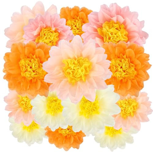BestoFun Lot de 14 Fleurs en Papier Orange Rose Beige – Pompons en Papier de Soie & Guirlande Suspendue, Décoration de Fête pour Mariage, Anniversaire, Garden Party et Décoration de Table