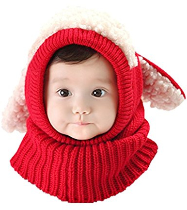 iHomey Baby Girls Boys Toddler Winter Hat Scarf Set Cutest Earflap Hood Warm Knit Hat Scarves with Ears Snow Neck Warmer Wool Skull Cap for Kids 6-48 Months Red