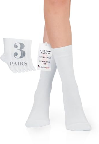 Hugh Ugoli Chaussettes Habillées & Business Femme en Bambou | Chaussettes Mi-mollet Fines, Décontractées & Respirantes, Lot de 3 Paires, Blanc, Pointure: 36-39