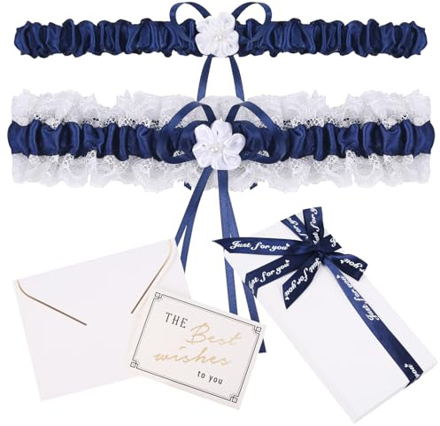 Gudotra - 2 ligas de encaje azul oscuro con lazo para novia y despedida de soltera, boda (azul oscuro)