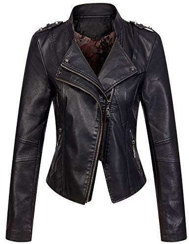 chouyatou Women's Candy Color Asymmetric Zip Slim Faux Leather Cropped Moto Jacket (Medium, Black)