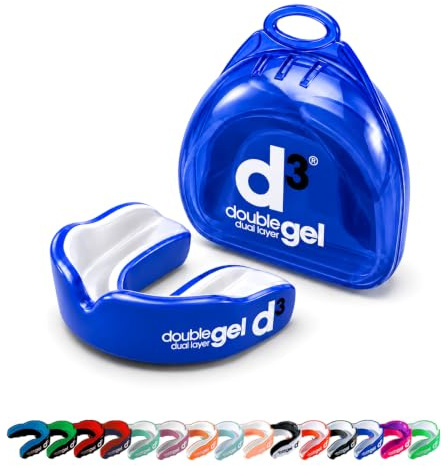 d3 Double Gel Mouthguard wth Case, Adults and Junior Gum Shield for Boxing, MMA, Contact Sports, Rugby, Martial Arts, Judo, Karate, Hockey (Royal Blue/White, Youth (Under 12))