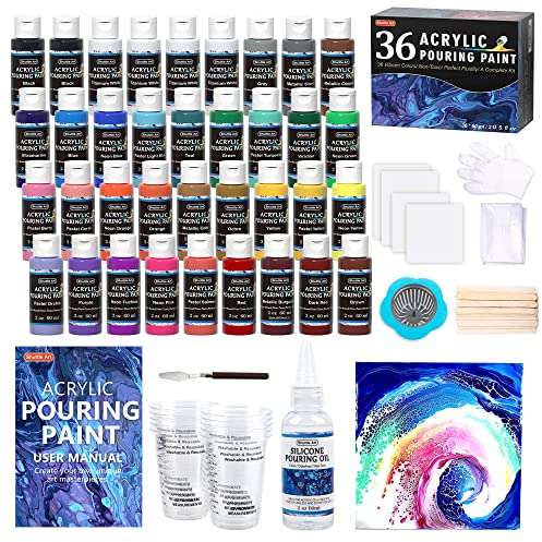 Shuttle Art Pouring Acrylfarben Set, 36 Flaschen Pouring Acrylfarben (je 60m/2oz) mit Silikonöl, Leinwand, Messbecher und komplettem Zubehör, vorgemischtes Pouring Medium Acryl für Stein, Holz, Papier