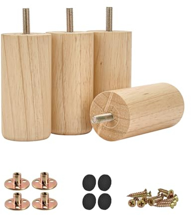 10cm Holz Möbelfüße, Btowin 4 Stück Runde Zylinder Massivholz Tischbeine mit vorgebohrten M8 5/16 Bolzen & Montageplatten & Schrauben für Sofa Schrank Couch Ottomane Bett