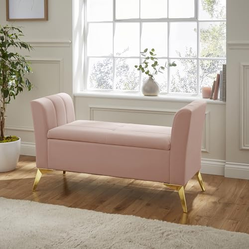 GFW Pettine Pink Upholstered Ottoman Storage Bench, Velvet Storage Seat with Hidden Compartment, Gold Metal Legs and Deco Design