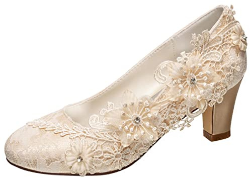 Emily Bridal Chaussures de mariée Femmes Soie comme du Satin Talon bottier Escarpins avec Couture Dentelle Une Fleur Cristal Pearl