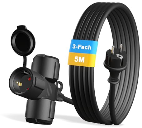 YIDE Verlängerungskabel Outdoor 5m mit 3 Schuko-Steckdosen, Gummi Verlängerung für den Außenbereich IP44, 3 Schutzkontakt Buchsen mit Schutzkappe, Baustellen Stromkabel außen 3500W, 3-Fach Verteiler