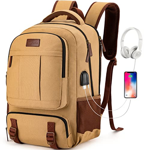 Tzowla Canvas Laptop Backpack Mens Womens,Vintage Travel Work Hiking Backpacks,School College Rucksack Fits 15.6 Inch Computer,Bookbag with USB Charging Port-Yellow