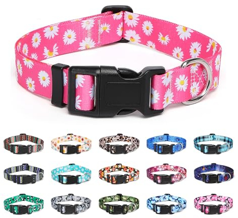 Suredoo Adjustable Dog Collar with Patterns, Ultra Comfy Soft Nylon Breathable Pet Collar for Small Medium Large Dogs (S, Pink Daisy)