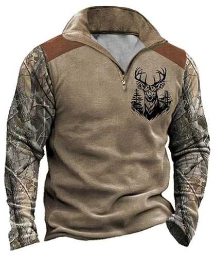 Hommes Chasse Au Cerf Sweatshirt Western 1/4 Fermeture Éclair Pull Veste Manteaux Col Debout Manches Longues Polo Sweatshirts