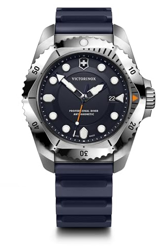 Victorinox Herren Armbanduhr Dive Pro Ø 43 mm, Swiss Made, Analog Quarz, Wasserdicht bis 300 m, Saphirglas, Kautschuk-Armband, Blau