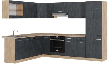 Vicco Hörnkök R-Line, Svart betong/Goldkraft ek, 287 x 227 cm AP ek, för flexibel köksplanering och individuell moduluppställning