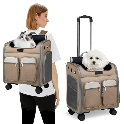 PETCUTE Zaino Trolley per Cani e Gatti,Zaino Portatile per Cani con Tasche Frontali,Multifunzionale,Traspirante Zaino per Gatti Grande con Ruote,Zaino per Animali Domestici,Tappetino Rimovibile