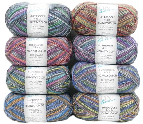 Online Garne Sockenwolle Paket, 8x100g Supersocke 373 Highway Color, Strumpfwolle 4-fach mit Farbverlauf, Sockengarn 4-fädig, trocknergeeignet