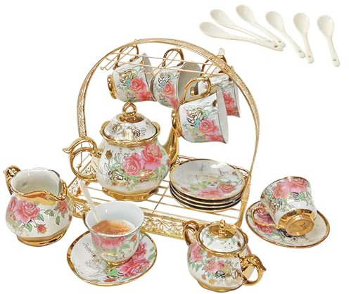 Juego de taza de té y platillo de porcelana, 22 piezas de té grandes de lujo, tetera de cerámica de 1100 ml, juego de taza de café de té con soporte de metal, juegos de servir té de flores europeas