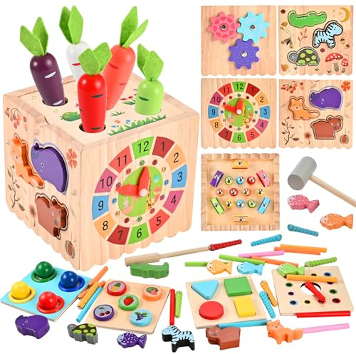 Wooderma Activity Cube, 10-in-1 Wooden Montessori Toys for Toddlers,Multipurpose Educational Sensory Toy for Baby, Preschool Learning Fine Motor Skills Game, First Birthday Gifts for 3 4 5 Year Old