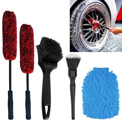 dogmoon Car Wheel Brush Kit, 5PCS Automobile Detailing Wheel Brush Washing ToolKit with Car Cleaner Gloves, Bendable Wheel Cleaning Brush and Microfiber Rim Cleaner Brush for Wheel Care and Cleaning