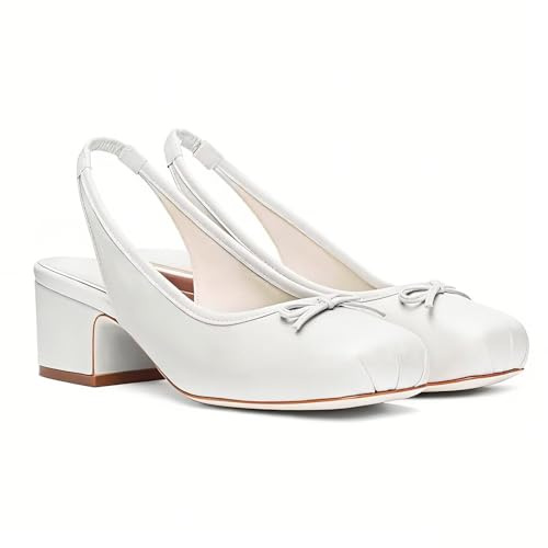 Agodor Slingback Heels for Women Ruched Satin White Ballet Mary Jane Shoes with Bow Square Toe Ballerina Pumps Low Chunky Block Heels Elastic Rear Strap Comfortable Dress Ballet Shoes US7.5