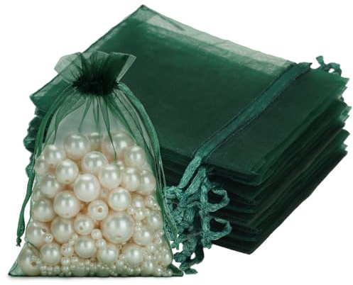 jijAcraft Dark Green Organza Gift Bags: 13x18cm Organza Pouches, 50Pcs