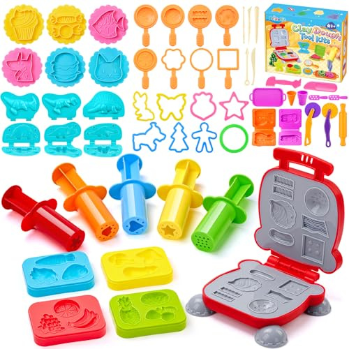 Bridokit 54 Stück Knete Zubehör Set, Knetwerkzeug für Kinder Formen Enthalten Burger Eiscreme, Nudelmaschine, Dinosauriern, mit Aufbewahrungstasche, Knete Dough Set für Jungen Mädchen