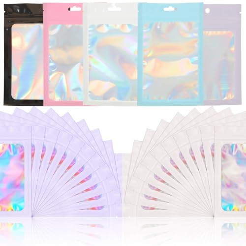 Juego de 100 bolsas de Mylar, 7 x 10 cm, bolsa de regalo con cierre hermético y ventana, bolsas multiusos resellables para dulces, galletas y joyas, multicolor.