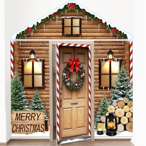 HunnmingRe 4 Pcs 98 Inch Christmas Log Cabin Door Cover Decorations Xmas House Classroom Door Banner Hanging Backdrop Porch Sign for Holiday Classroom Photography Photo Background Home Party Decor