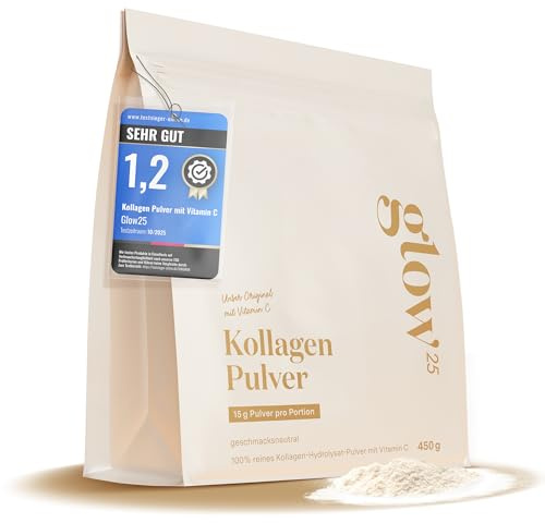 Glow25® Collagen Pulver [450g] – Unser Original – Kollagen Hydrolysat mit Vitamin C – Peptide Typ 1 und 3 – Gute Löslichkeit – Neutral