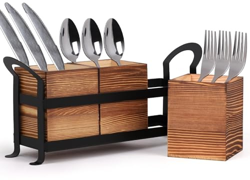 lalago 3 piezas Cubertero de Madera y Metal, Cubertero de Madera para Mesa con Estructura, Cesta para Cubiertos, Soporte para Cucharas, Organizador para Mesa, Decoración de Comedor de Cocina, Marrón