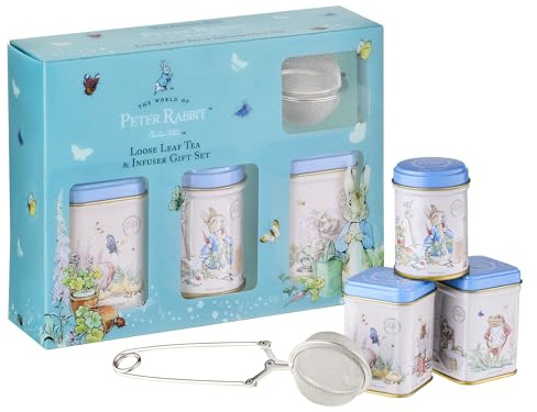 New English Teas Loose Leaf Tea & Infuser Gift Set – 3 Peter Rabbit Tins with Breakfast, Earl Grey & Afternoon Blends with Loose Tea Infuser