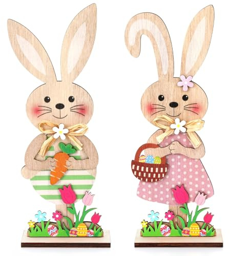 SANNIX Easter Wooden Rabbit Table Decor, Detachable Base, Spring Holiday Home Garden Decorative Signs